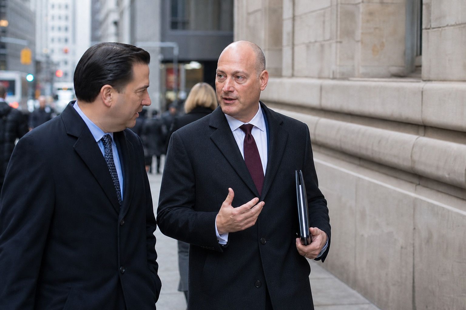 Peter DeCaprio in a dark overcoat and burgundy tie, walking along a stone-fronted financial district street and talking with a companion
