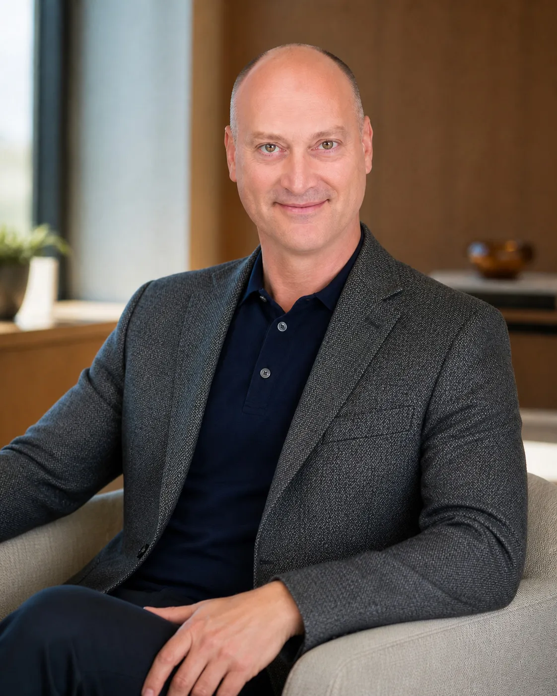 Peter DeCaprio seated in a pale armchair in a wood-panelled lounge, wearing a charcoal tweed jacket over a navy polo shirt